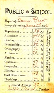 Carrie Reed's report card, 1891