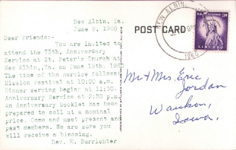 Postcard invitation to the 75th Anniversary service, dated June 9, 1960 