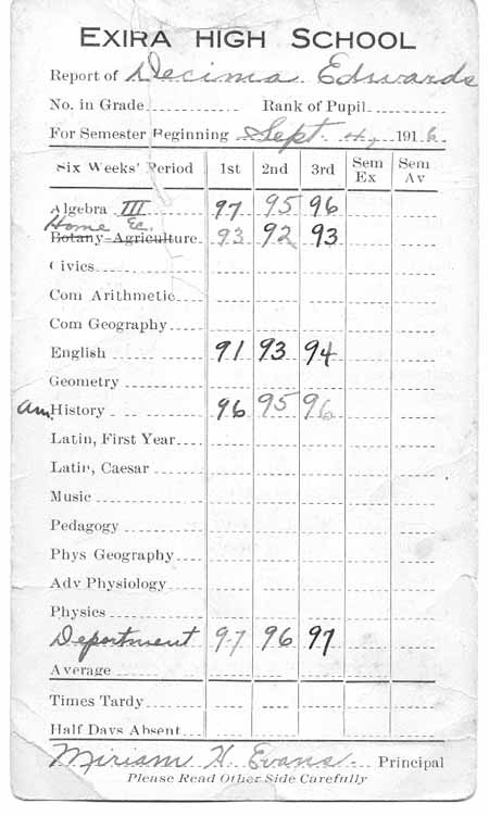 Decima Edwards 1916 Exira High School Report Card