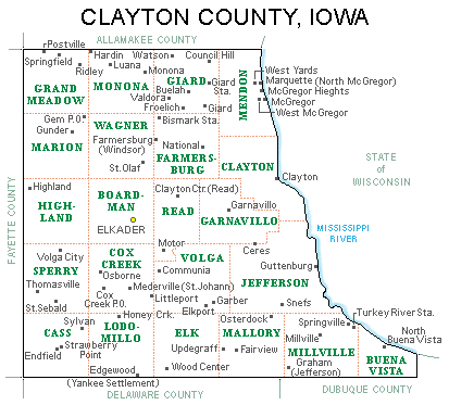 Clayton County map showing towns - not to scale