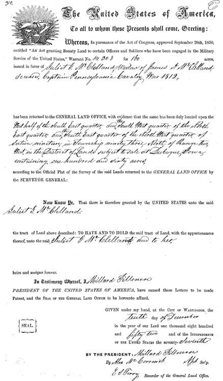 J.A. McClelland Bounty Land Warrant, War of 1812