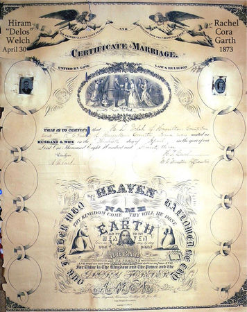 Hiram & Rachel Welch Marriage Certificate Apr. 30, 1878