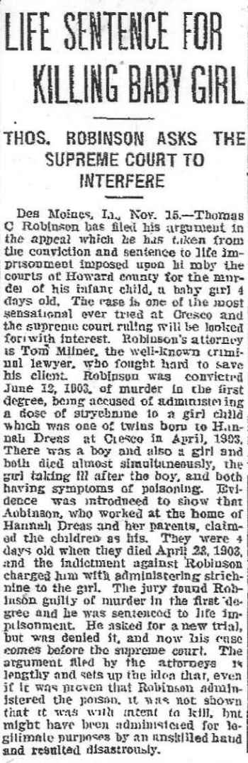 Cresco Twin babies Murder Tri City Star, Davenport, Iowa Tuesday Nov. 15, 1904