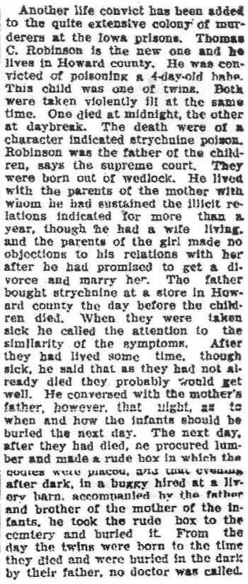 Cresco Twin babies Murder Oxford Mirror,Oxford Junction, Jones County, IA Sunday Feb. 12, 1905