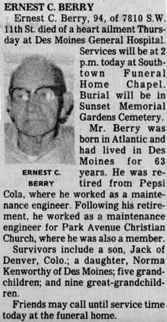 Ernest Clyde Berry Obit, 8/15/1987, Polk County, Iowa