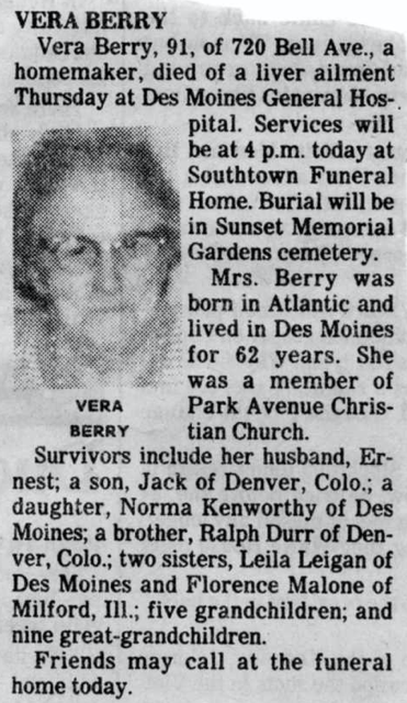 Vera Berry Obit 4/26/1986, Polk County, Iowa