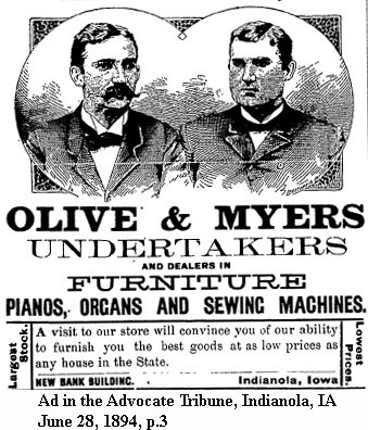 ad for undertakers in Indianola, Olive & Myers