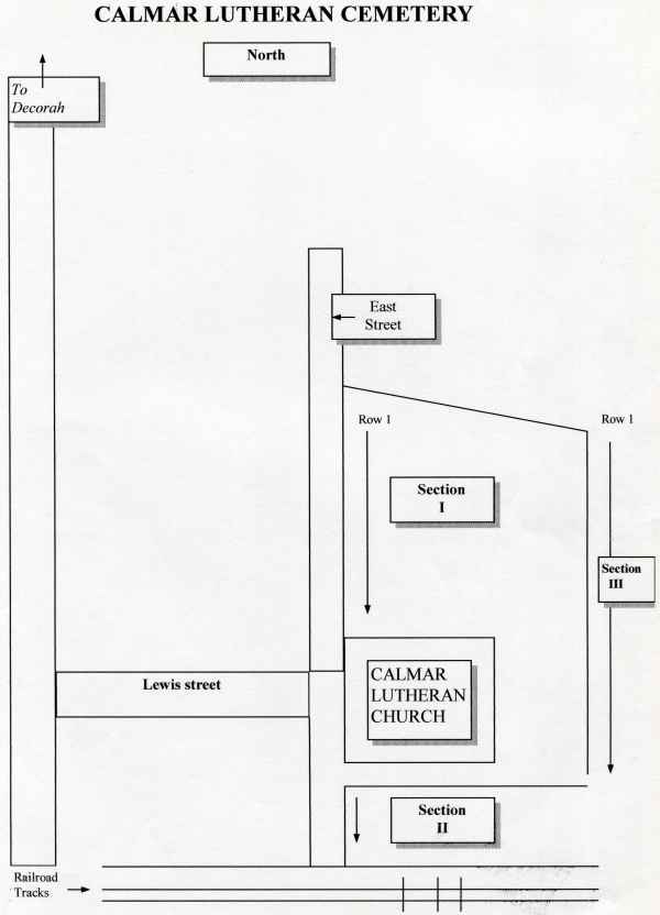 Calmar Lutheran Cemetery layout - from 1999 Winneshiek Genealogical Society cemetery table
