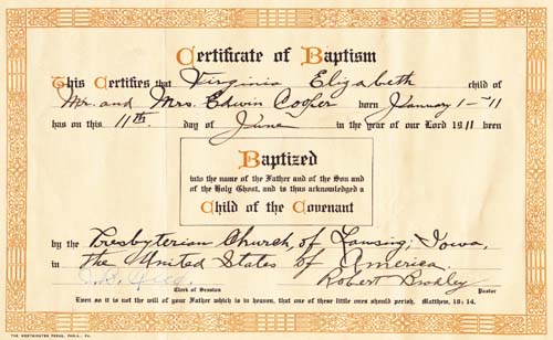 Virginia Coopers baptism certificate