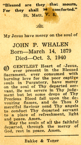John P. Whalen Funeral Mass Card
