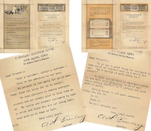 Letters signed by A.H. Freiberg, cashier, Farmers Savings Bank, undated