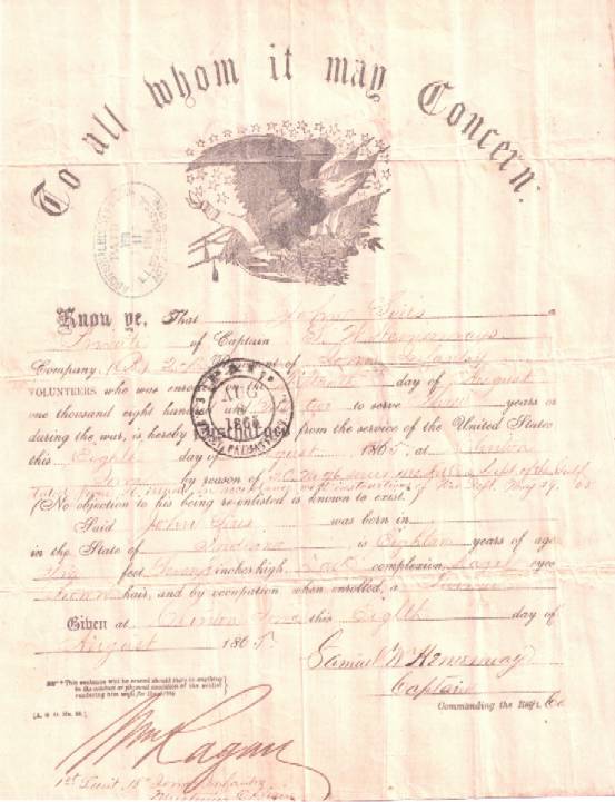 John Sires Civil War discharge paper (front)