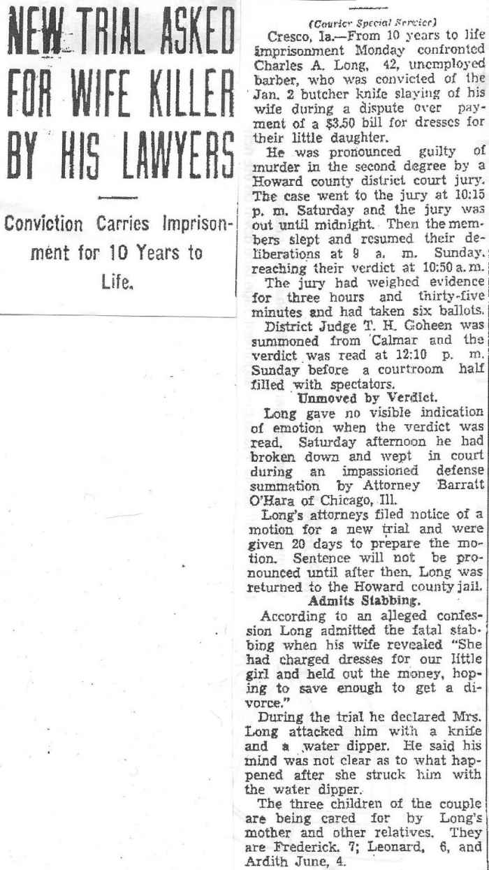 Frances Long Murder Waterloo Daily Courier Monday Mar. 3, 1941